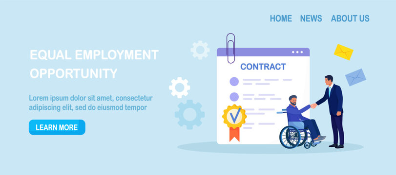 Disabled man in wheelchair shaking hands with colleague. Businessman handshake with employee with disability. Employment contract agreement, corporate partnership document with signature