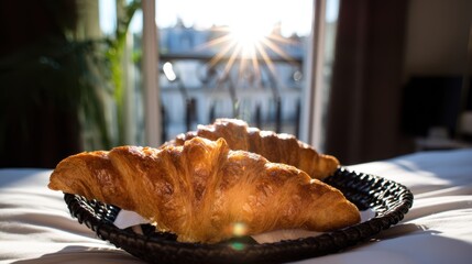 Morning delight freshly baked croissants on a cozy bed parisian hotel room food photography warm atmosphere