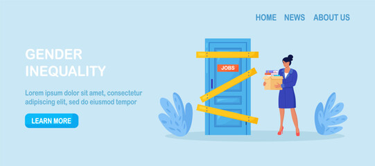 Business woman is standing near the closed door. Unequal social rights and work problems. Gender inequality and discrimination, career. Social inequality making obstacles for work and business growth