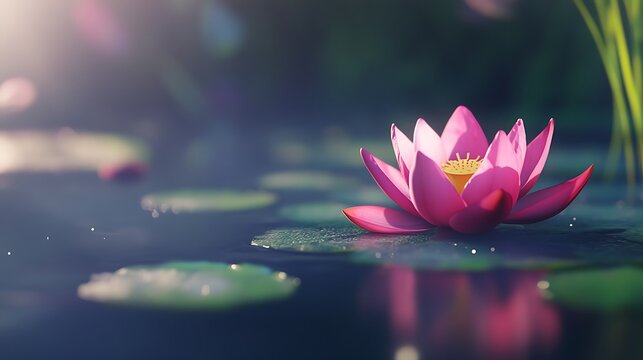 A close-up of a pink lotus flower floating gracefully on a calm pond, surrounded by green lily pads - Powered by Adobe