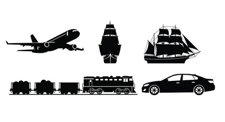 Collection of transport silhouettes including plane ship train and automobile