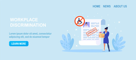 Discrimination against disabled people. Woman with prosthesis is fired. Sad jobless person, career failure. Unemployed have problems in job seeking. Diversity and inclusion concept