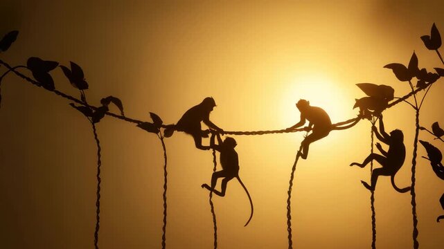 Monkeys engage in playful activities on ropes against a beautiful sunset background