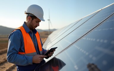 operation and maintenance in solar power plant ; engineering team working on checking and maintenance in solar power plant ,solar power plant to innovation of green energy for life. High quality