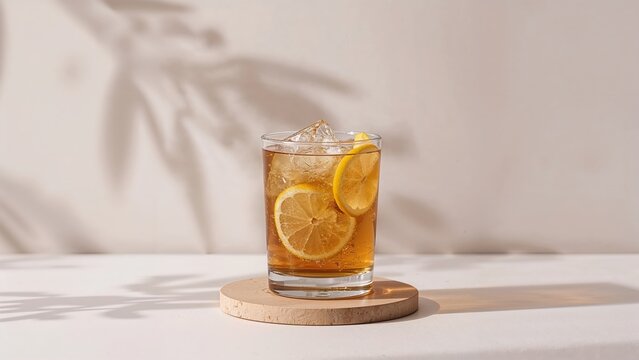 Iced lemon tea in a glass with ice cubes on wooden coaster, minimalist summer drink scene with sunlight and leaf shadows on white background