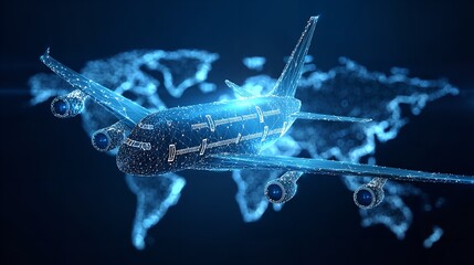 Global air travel illustration, showcasing an airplane amidst a digitalized world map.