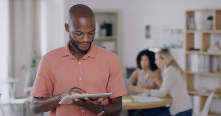 Leader, online and man with tablet, meeting and scroll for campaign results on social media and web. Marketing manager, research and people with tech for brand awareness, project and team in office