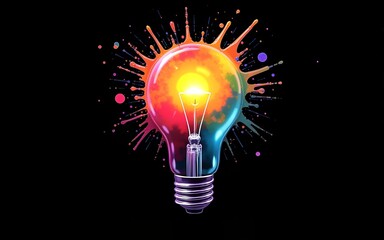 Creative light bulb explodes with colorful paint and splashes on a black background. Think differently creative idea concept. High quality
