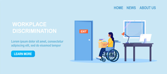 Discrimination against disabled people. Woman in wheelchair is fired. Sad jobless person, career failure. Unemployed have problems in job seeking. Diversity and inclusion concept