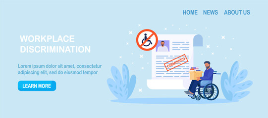 Discrimination and social prejudice against people with disabilities. Jobless person in wheelchair trying find job employers rejected of worker. Dismissal, career failure