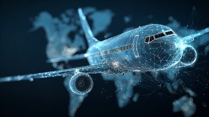 Digital airplane over a world map conveys themes of global air transport.