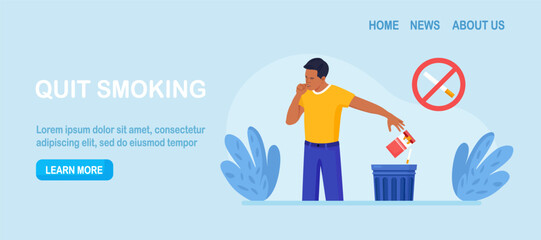 Quit smoking concept. Man throws away packaging in trash can. Stop nicotine addiction. Smokers quitting smoke cigarettes, refusing from tobacco, rejecting from unhealthy bad habit