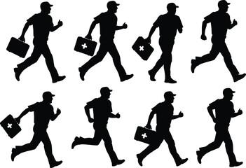PrintSilhouette of emergency medical worker running with first aid kit, healthcare professional providing urgent help, rescue and emergency response concept illustration