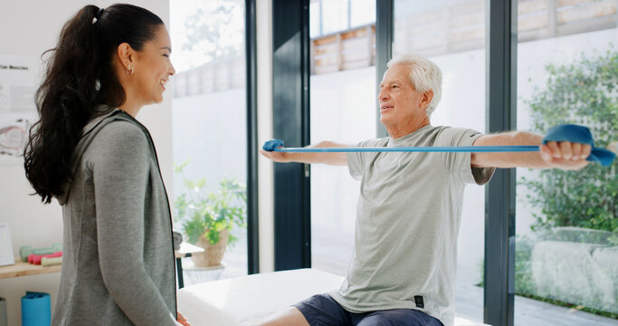 Resistance band, stretching or old man with physiotherapist, consultation or wellness. Mature patient, people or equipment with muscle recovery, rehabilitation or medical service with help or support