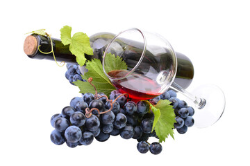 Red wine and grapes isolated
