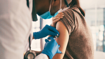 Medicine, doctor and patient with syringe for healthcare injection, vaccine and flu shot for...