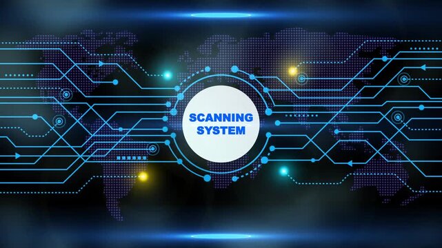 Global network connection digital scanning system abstract technology background with world map data flow and glowing lights representing cyber security innovation and future - Powered by Adobe