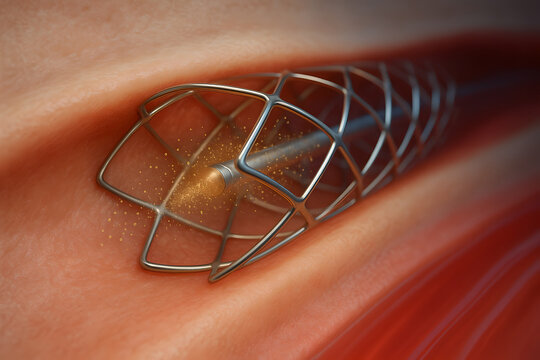 Photorealistic percutaneous coronary intervention (PCI), cath lab scene with radial artery access, translucent coronary artery lumen with eccentric yellow-white atherosclerotic plaque narrowing