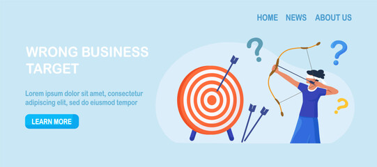 Business woman with closed eyes trying to shoot arrows with bow to hit bullseye but failed miserably. Person aiming with archery at target incorrectly. Wrong business goals, strategies and failure