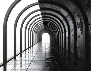 Obraz premium Futuristic hallway split, revealing bright light at the end