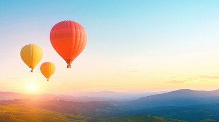 Fototapeta premium Paradise Hot air balloons floating over a stunning valley at sunrise.