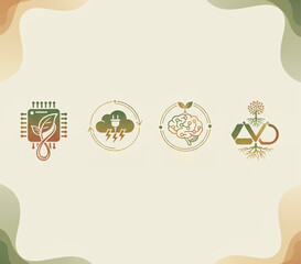 Conceptual icon set illustrating green technology, renewable energy, and circular economy principles for a sustainable future