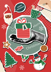 Christmas collage poster with human hand photo with gift box and Christmas objects. Christmas trendy background.