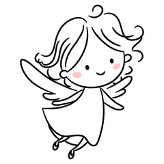 A cute line illustration on a white background with pink cheeks. A little flying angel. . Vector illustration
