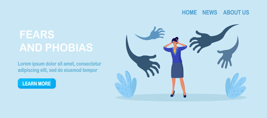 Fear attack, afraid or negative feeling. Businessman afraid from nightmare. Struggle from business failure, depression or panic attack. Frightened person running away from creepy monster