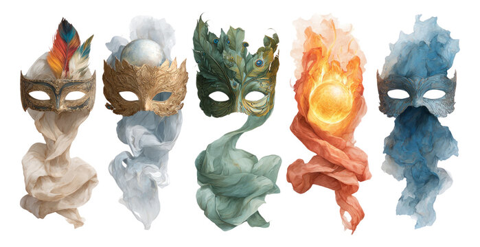 Collection of Mysterious Masks in Ethereal Colors and Fluid Shapes on Transparent Background