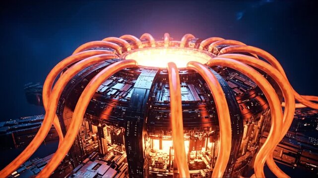 A powerful tokamak fusion reactor core glowing with intense thermal energy, a futuristic concept for clean power generation