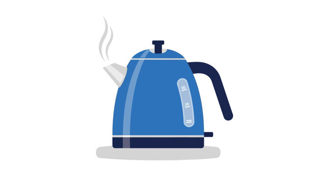 Blue electric kettle with steam boiling water for a hot drink. Vector illustration of a kitchen appliance isolated on a white background