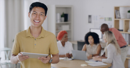 Portrait, leader and man with tablet, meeting and confident for ad campaign results on social media. Happy, marketing manager and people with tech for brand awareness, research and team in office