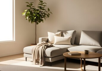 A modern living room features a comfortable sectional sofa bathed in soft natural light, accented by a throw blanket and a small side table.