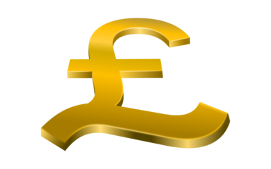 Gold pound sterling currency symbol. Currency and symbol concepts, 3D, slightly elevated angle perspective, isolated on transparent