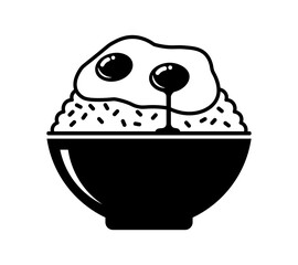 Rice Bowl with Fried Egg Icon - Simple Black Vector Symbol of Asian Food, Breakfast Meal, or Traditional Cuisine in Minimal Flat Style.