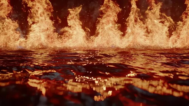 Molten waves rise toward fiery inferno, illuminated with intense heat and a dark background, resembling hellscape
