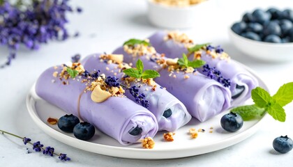 Blueberry dessert spring rolls on plate.