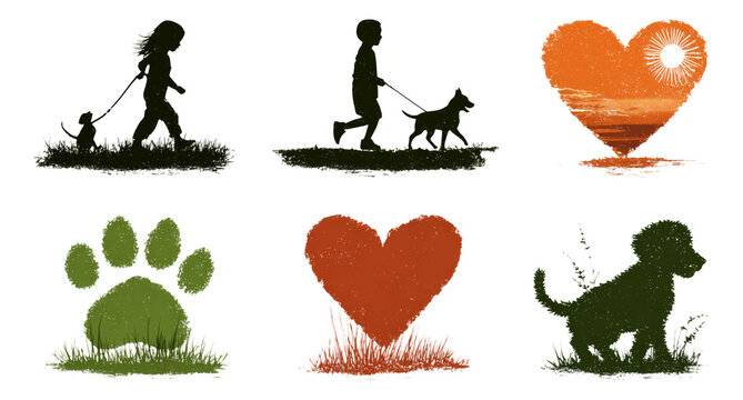 Silhouettes of people and animals in heart shapes with artistic style on transparent background