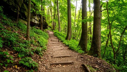 Forest trail winding through lush green woods.