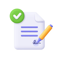 White document file with pen, signature and green check mark. Business, office, approved contract, completed agreement and verified document concept. 3d vector icon. Cartoon minimal style.