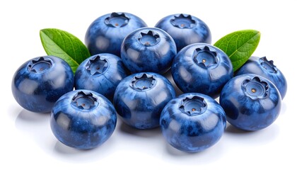 Fresh blueberries with leaves with white background.