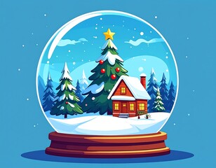 Naklejka premium Festive scene inside a snow globe, featuring a cabin and evergreen trees