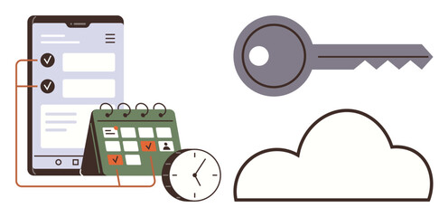 Smartphone screen with checklists, calendar with task completion, clock, key, and cloud icon. Ideal for time management, security, data storage, productivity cloud-based tools organization simple