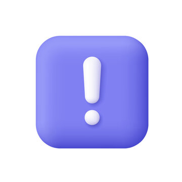White exclamation sign on purple square app button. Alert, warning, caution and danger concept. 3d vector icon. Cartoon minimal style.