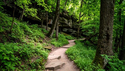 Forest trail winding through lush greenery.