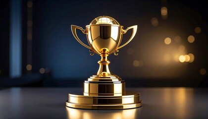 Golden Trophy on Stand with Dark Background.