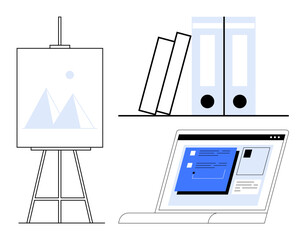 Easel with abstract artwork, stacked books, organized binders, laptop showcasing a blue interface. Ideal for work organization, productivity, creativity, education, design data presentation