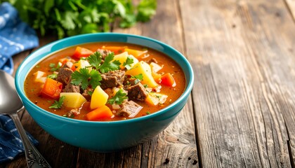 Hearty Beef Stew in Blue Bowl.