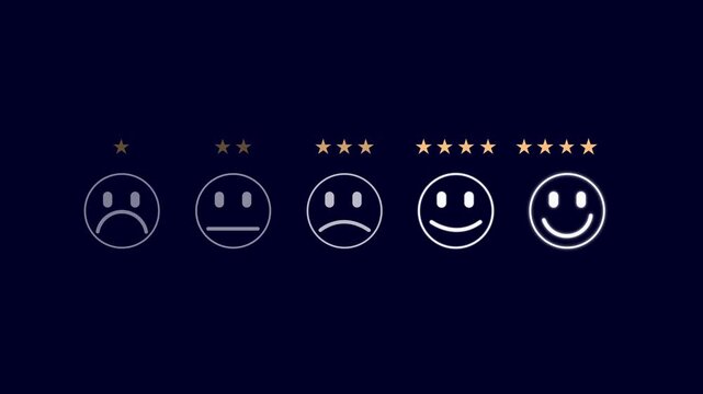 Customer feedback rating icons sad neutral happy faces with stars showing satisfaction levels on dark blue background for review and survey concepts